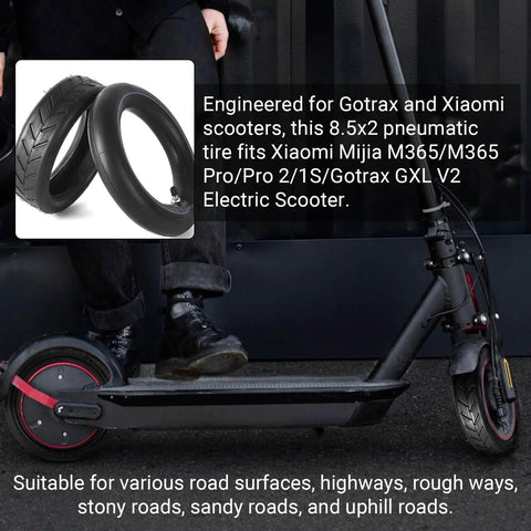 Scooter equipped with 8.5 Inch By 2 Inch Scooter Tire And Inner Tube Set 50/75-6.1 on pavement, compatible with Gotrax and Xiaomi models.