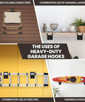 14 Inch BeefedUp Heavy Duty Garage Hooks With Support Rods Four Pack showing uses for chairs, ladders, tires, kayaks