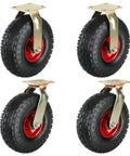 Set Of Four 10 Inch Heavy Duty Rubber Casters Smooth Rolling Tubeless Swivel Wheels With Double Ball Bearings Knockout Steel Plates
