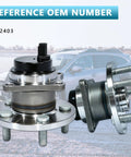 Rear Wheel Hub Bearing Assembly Drop In Ready 2 Pack Compatible With Toyota Corolla 2009 2019 Matrix 2009 2014 Pontiac Vibe 2009 2010 With ABS 5 Lug Durable OEM Style Replacement for Smooth Quiet Ride displayed next to car.