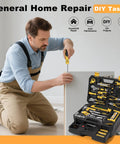 Man using 328 piece tool kit for home and auto hand repair tool set in a sturdy toolbox with drawer, general DIY projects