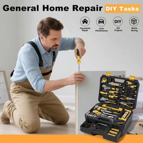 Man using 328 piece tool kit for home and auto hand repair tool set in a sturdy toolbox with drawer, general DIY projects
