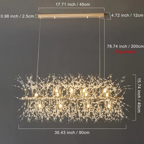 Modern Crystal Gold Ceiling Light Fixture With 12 Lights Linear Firework Design Hanging Chandelier dimensions shown