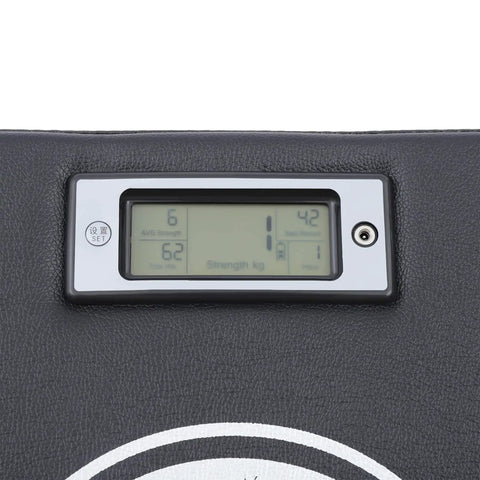 Rock Solid Wall Mounted Boxing Punch Force Tester Durable Multi Layer Striking Pad for Home Gym showing digital display with strength metrics.