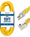 Heavy Duty 25 Foot 12 Gauge 3 Conductor Contractor Extension Cord With Locking Plug For Indoor Outdoor Use Yard Work Ready SJTW 15 Amp 125V 1875W Yellow Jacket LED Lighted Plug ETL Listed Thick 600V Insulation Anti Shed Power Cable coiled and detailed plug view