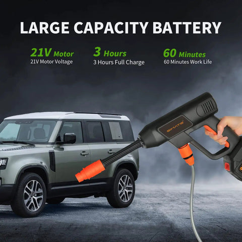 Cordless Pressure Washer 940 PSI Portable Heavy Duty Power Cleaner with Six In One Adjustable Nozzle and 21V 4.0Ah Battery next to SUV