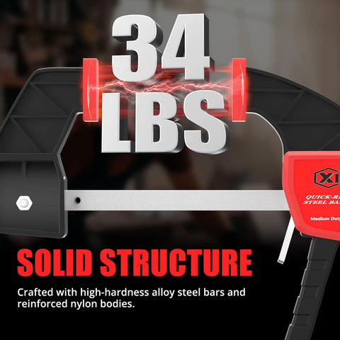 Close-up of 4-Inch Bar Clamps For Woodworking Set Of 4 One-Handed Spreader Clamps with 34 lbs grip strength