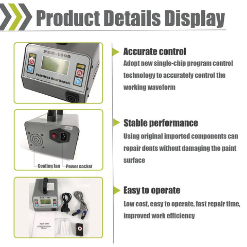 Paintless Dent Repair Kit With Induction Heater For Quick Dent Removal, 1000W PDR Tool product details display with control panel, cooling fan, and accessories.