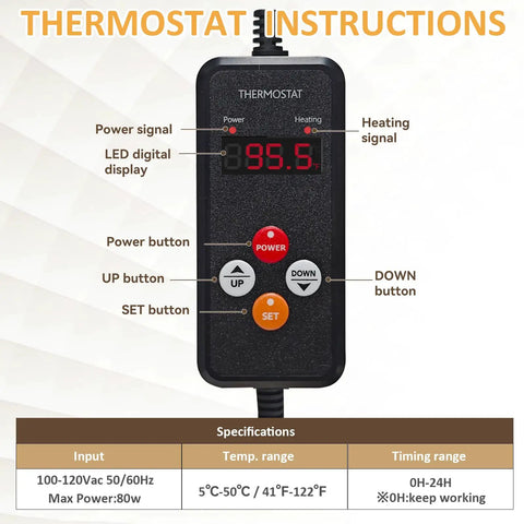 Digital display and buttons of the Propane Tank Heater Blanket With Digital Temperature Control and 24 Hour Timer.