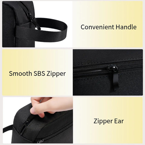 Travel Hanging Toiletry Bag With Carry Handle, Water-Resistant Cosmetic Organizer, black bag handle and zipper details