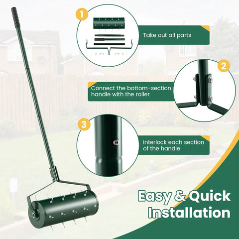 Rolling Lawn Aerator With Ergonomic Handle And Sand Or Stone Fill 18 Inch Wide Dethatching Tool assembly instructions