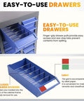 Beefy Heavy Duty Small Parts Storage Organizer With 40 Blue ABS Drawers, showing pull-out design and dividers label for screws