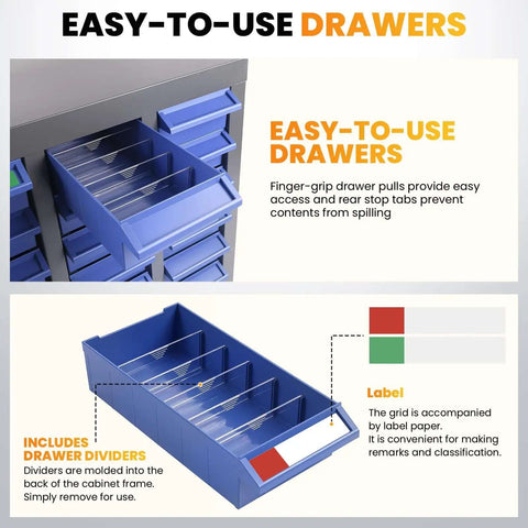 Beefy Heavy Duty Small Parts Storage Organizer With 40 Blue ABS Drawers, showing pull-out design and dividers label for screws