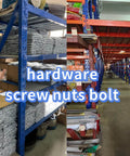 Warehouse shelves with hardware, screws, nuts, and bolts in storage boxes.