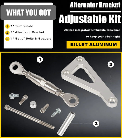 Adjustable Billet Alternator Bracket Kit For Chevy Small Block V8 with long water pump polished aluminum, includes turnbuckle, bolts.