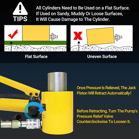 20 Ton Hydraulic Cylinder Jack showing usage tips on flat and uneven surfaces, highlighting lifting tool for construction tasks.