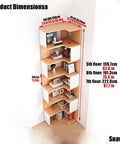 Rustic Corner Bookshelf With Five To Seven Tiers Narrow Display Stand For Bedroom And Living Room Stylish Corner Bookcase Organizer Space Saver Storage Solution And Vintage Industrial Decor showcasing dimensions and wood finish.