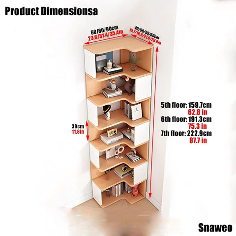 Rustic Corner Bookshelf With Five To Seven Tiers Narrow Display Stand For Bedroom And Living Room Stylish Corner Bookcase Organizer Space Saver Storage Solution And Vintage Industrial Decor showcasing dimensions and wood finish.