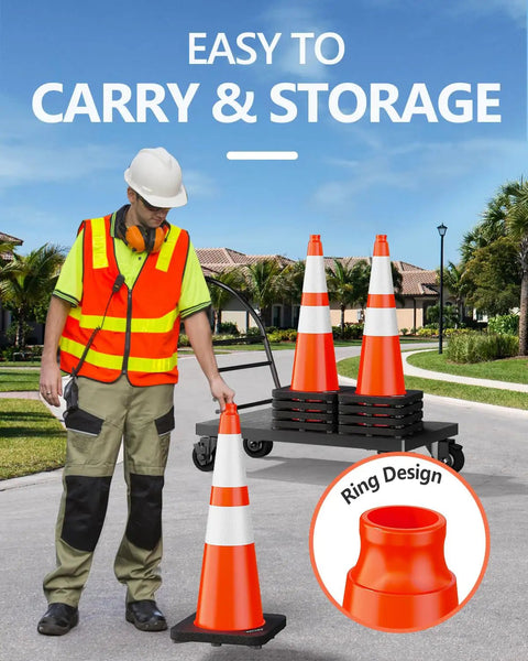 Worker holding 4 Pack 28 Inch Traffic Cones With Black Weighted Base For Traffic Control at Construction Sites and Parking Lots