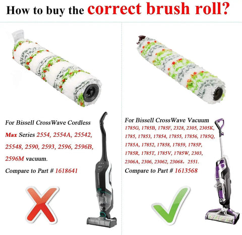 Comparison of correct brush roll for Bissell CrossWave models with product focus keyword included on the right.