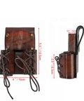 Front and side view of Go-To Must-Have Leather Tool Organizer Belt Pouch Bull Pin Holster Wrench Hammer Holder with dimensions.