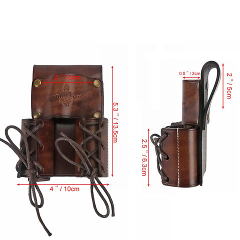 Front and side view of Go-To Must-Have Leather Tool Organizer Belt Pouch Bull Pin Holster Wrench Hammer Holder with dimensions.
