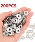 Front view of AOKOLL 200pcs #10 x 1/2 in stainless steel flat washers held in hand