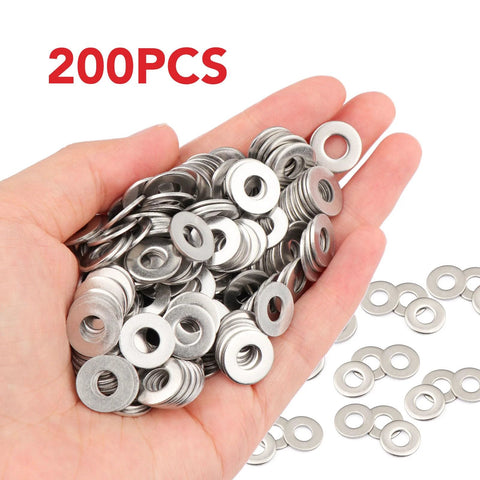 Front view of AOKOLL 200pcs #10 x 1/2 in stainless steel flat washers held in hand