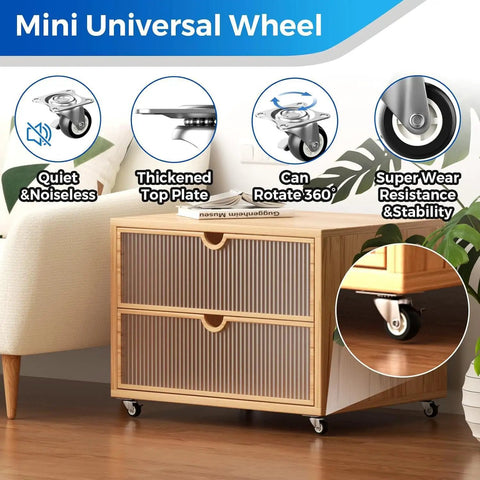Small Swivel Caster Wheels 14 Pack 1 Inch Low Profile Durable Casters For Furniture Nightstands Bookshelves Plant Stands And Ottomans visible on wooden furniture, showcasing design and features.