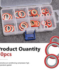 Heavy Duty AC Compressor Port Seal Washers 30 Piece Set in a clear container with thick metal and rubber gaskets.