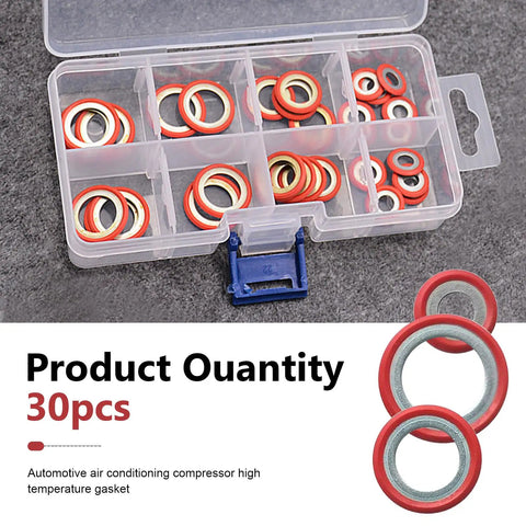 Heavy Duty AC Compressor Port Seal Washers 30 Piece Set in a clear container with thick metal and rubber gaskets.