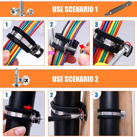 575 Piece Stainless Steel Cable Clamps Kit With Rubber Cushions And Screws Washers And Bit 12 Sizes P Clamp Set Ranging From Three Sixteenth Inch To Two Inch Heavy Duty Wire Clamps For Marine Auto Industrial Use Must Have For Any Project being used in different scenarios with cables and tubes