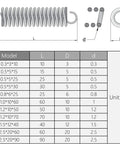 Front view of stainless steel dual-hook tension spring with long coil; includes end-view and size chart.