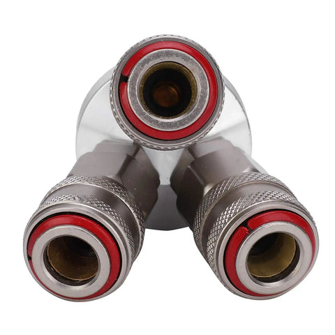3 Way Connector Chrome Plated Pneumatic Component With Self-Locking One-Hand Quick Coupler, heavy-duty carbon steel, front view