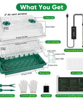 4-In-1 Seed Starter Tray With Grow Light, Heating Mat And Soil Tester For Indoor Plants diagram showing components and dimensions