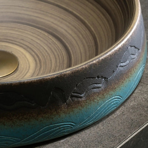 Bathroom Vessel Sink Vintage Hand Engraving Skirted Vessel, Ceramic Round Sink, detailed view of artistic swirl design.