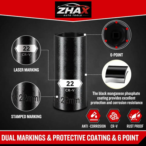 Super Heavy Duty 3/8 Inch Drive 6-Point Impact Socket Set Featuring A Sick Mix Of 44 Pieces Including Spark Plugs And Shallow Deep Cr-V Sockets For Metric Sae Bolts With Wrench Ratchet Kit Perfect For Your Garage Rig Work. 22mm CR-V 6-point socket with laser and stamped markings