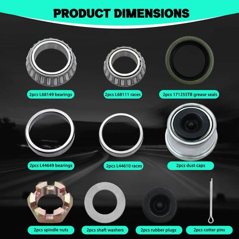 Two-Set 3500lb Beefed-Up Trailer Bearing Kit parts displayed with 20-piece hardware, bearings, races, and seals visible.