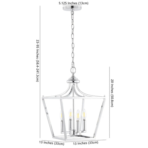 Chrome 13 Inch 4 Light Pendant Lantern With Adjustable Chain For Kitchen Island Foyer And Entryway Modern Farmhouse Vibe Ceiling Light LED Bulbs Included showing dimensions