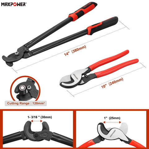 Two Pack 10 Inch And 14 Inch Heavy Duty Cable Cutters For Copper And Aluminum Wire Up To 120 Mm2 Capacity Multi Strand Cables Not For Steel Wire Pro Grade Electrician Tool