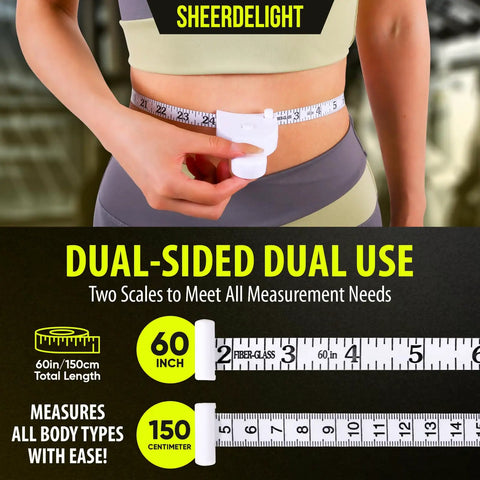 Person using Slim Accurate Retractable Body Measuring Tape 2 Pack With Inch And Centimeter Dual Scale Portable Durable One Click Readings.
