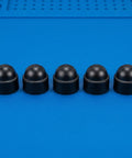 M8 Black Plastic Hexagonal Dome Nut Caps 50 Pack impact resistant protective covers for hex nuts on blue background