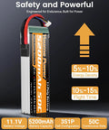 Extended-Run 3S LiPo Battery Pack 5200mAh 11.1V 50C Shorty with TR Plug, soft case for RC vehicles