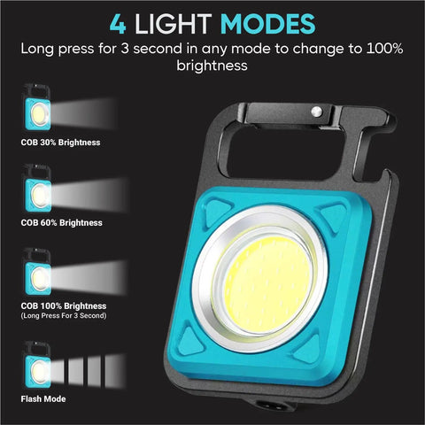Go-To Mini COB Flashlight Keychain 1000 Lumens With 4 Modes, Rechargeable Waterproof LED Light detail showing brightness modes