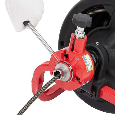 Close-up of Heavy Duty Workhorse Electric Drain Auger Machine With Automatic Forward And Reverse Footswitch Control for sewer clogs.