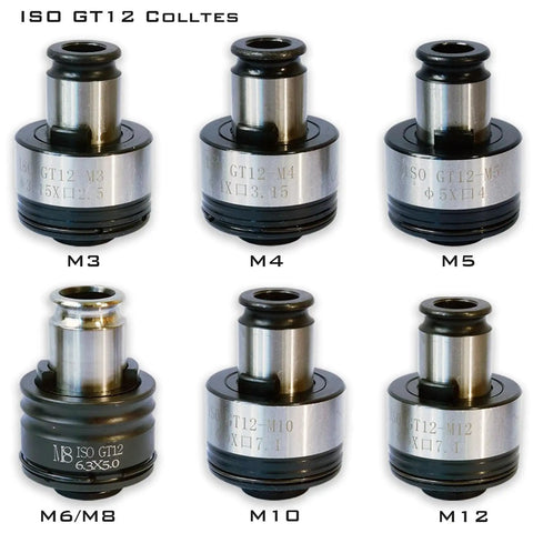 ISO GT12 collets for M3 to M12 taps, metal construction, compatible with Pro Cordless Tapping Gun Machine.