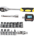 Pro Jeffergarden Digital Torque wrench with electric precision, bidirectional accuracy, and multi-unit display tools arranged, 1/2 inch ratchet, sockets.