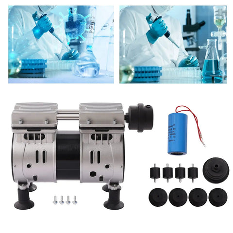 Heavy Duty Dual Cylinder Oil Free Vacuum Pump With Slick 110V Copper Motor 1440RPM, laboratory setup with compression equipment.