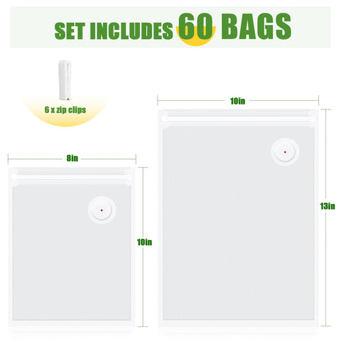 Set includes 60 Pack Reusable Vacuum Sealer Bags BPA Free For Freezer Storage, sizes 8x10 and 10x13 inches with zip clips.