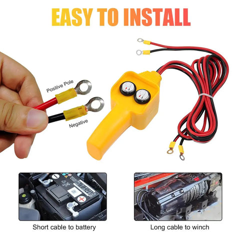 Beefed Up Winch Controller With Push Button Remote For 1500 To 5000 Lbs Rugged Jobs 12V Electric Wired Capstan Handheld Controller Easy Replacement For Off Road Towing Accessories, yellow wired handheld with ring terminals